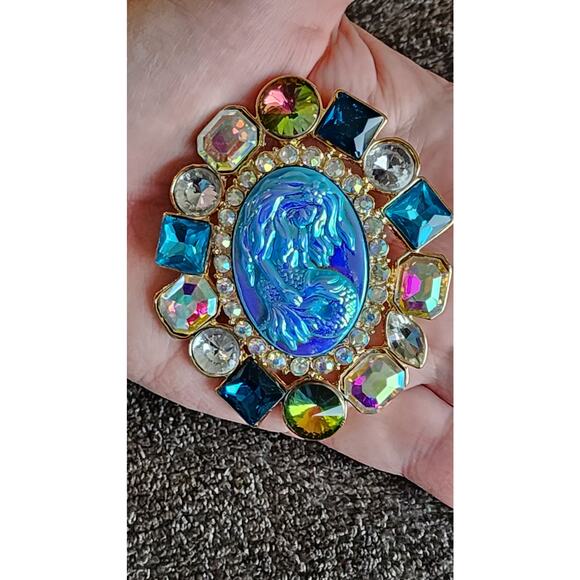 Mermaid Brooch Large Gorgeous Cameo Faux Jewel and Crystal Stunning - Picture 4 of 6